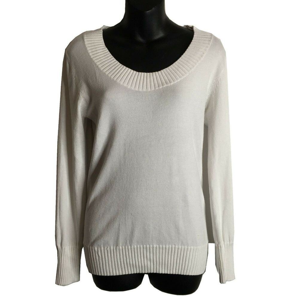 Active Basic Long Sleeve Pullover Sweater Round Neck Solid White Size Large